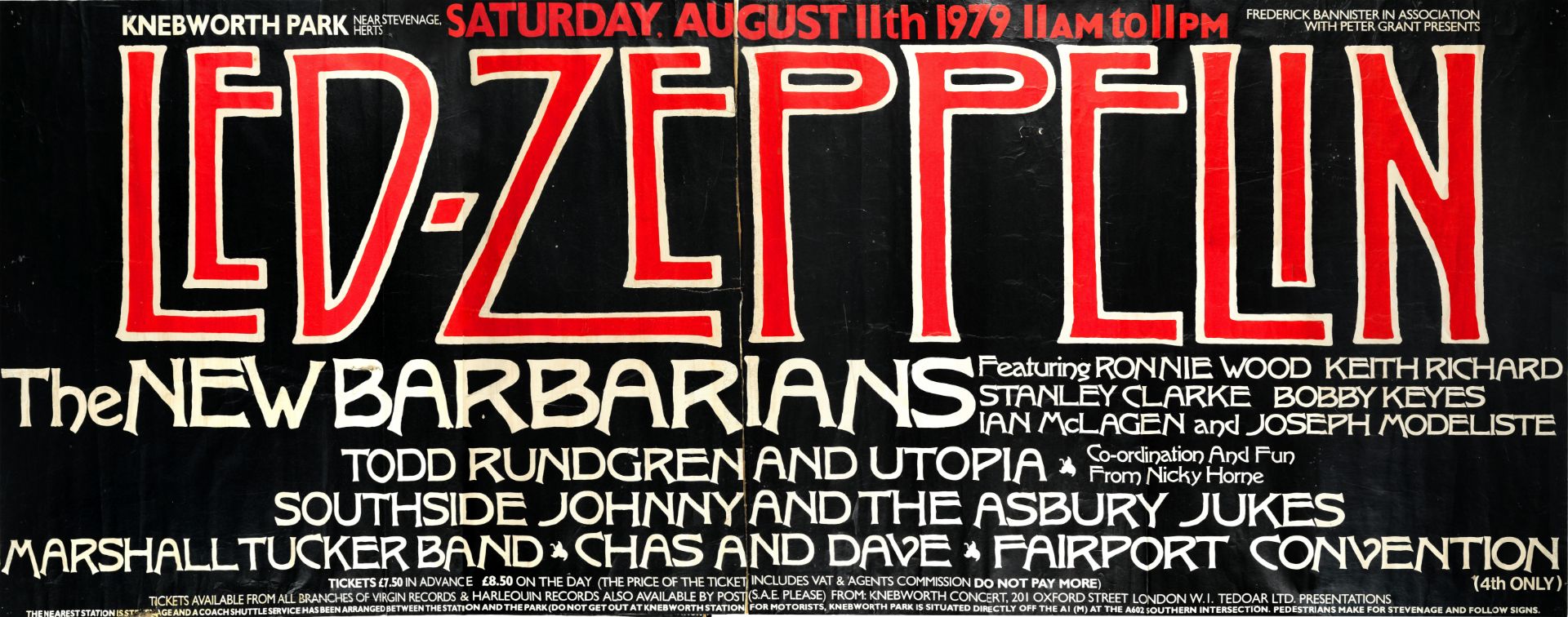 Led Zeppelin: A Large And Rare Knebworth Concert Poster, Saturday 11th August 1979,