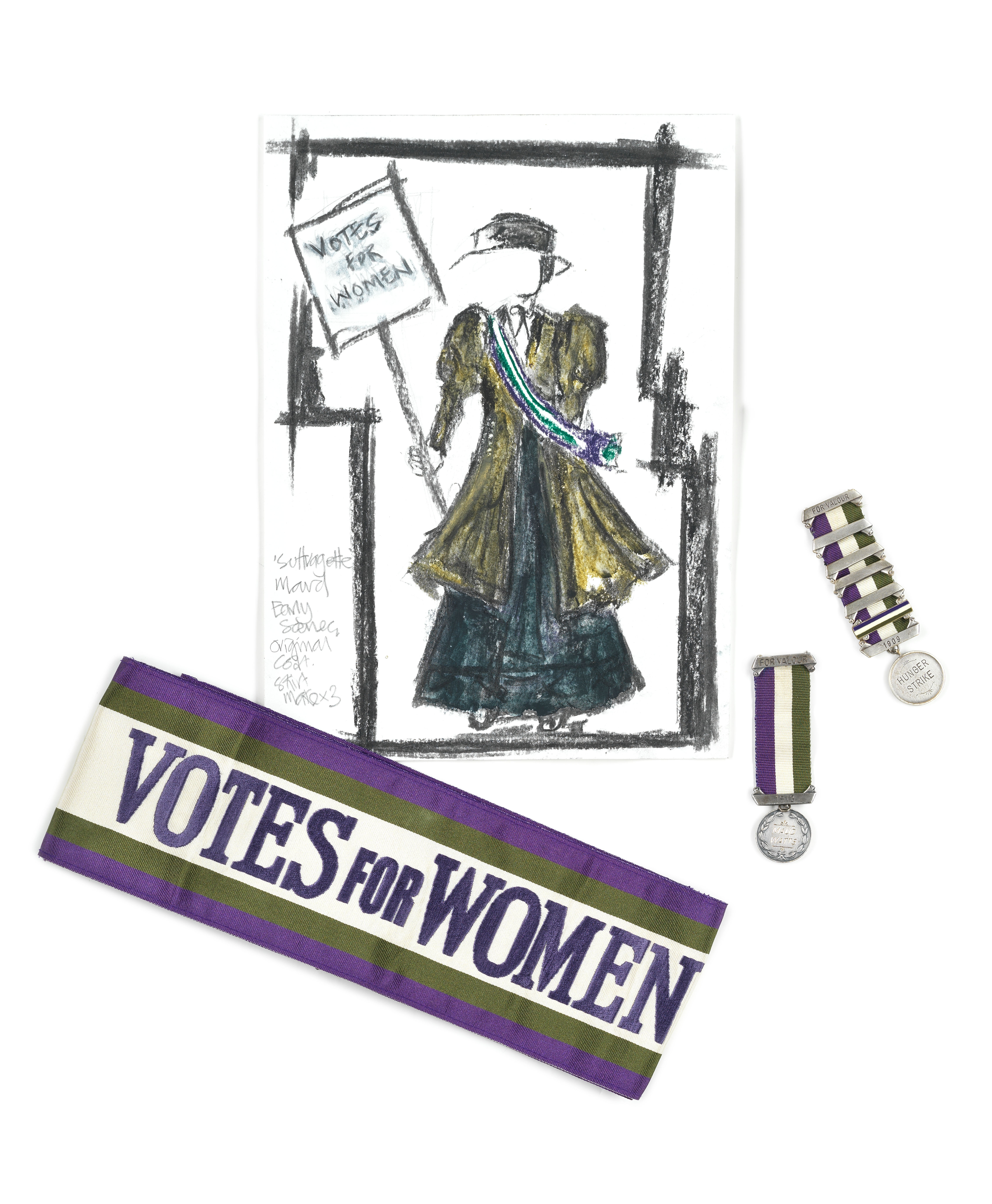 Suffragette: A sash and medal worn by Carey Mulligan for her role as 'Maud Watts', and a medal wo...