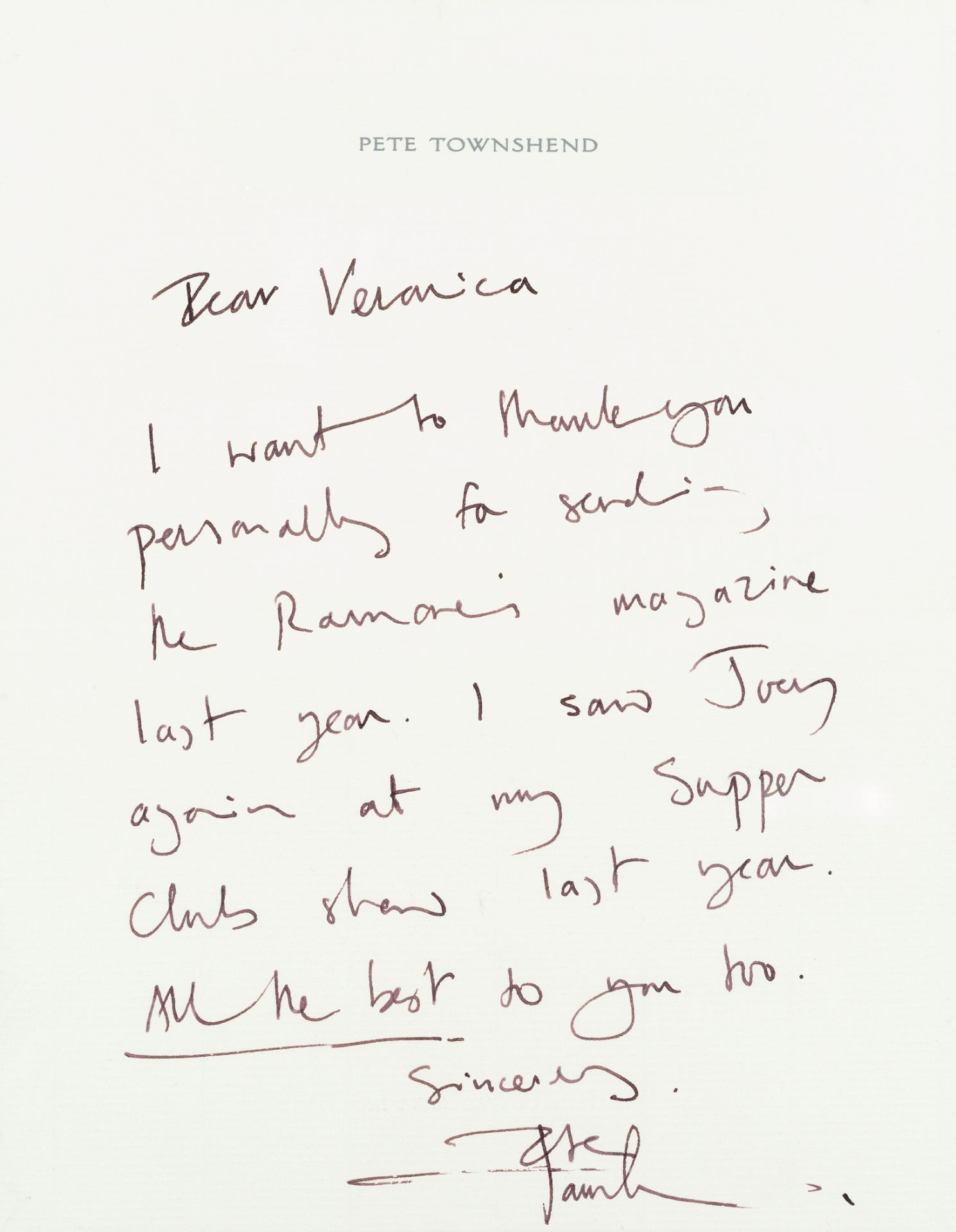 The Who: A Pete Townshend Handwritten Note, 1990s,