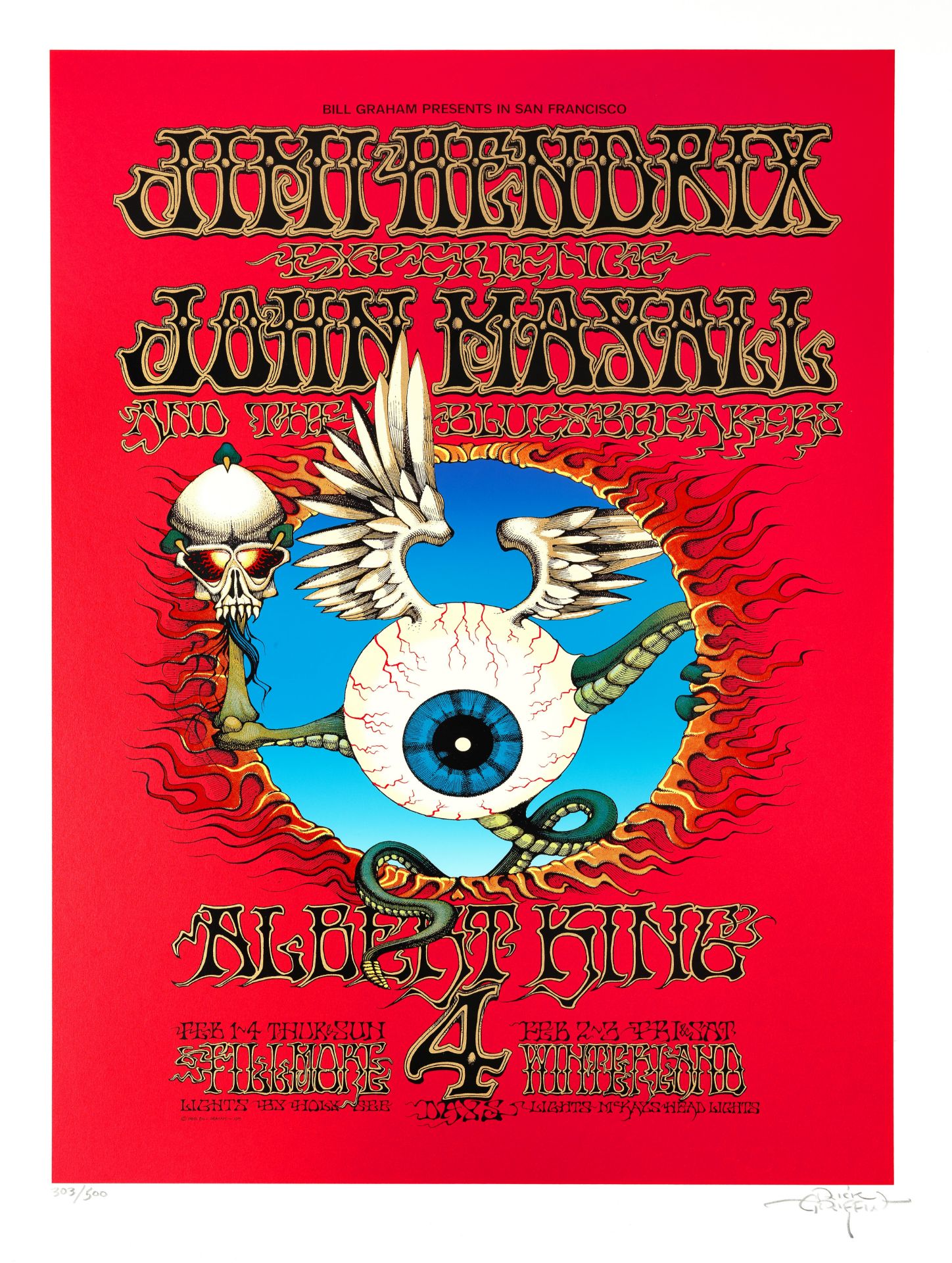 Jimi Hendrix: A limited edition 'Flying Eyeball' print signed by Rick Griffin, circa 1989,
