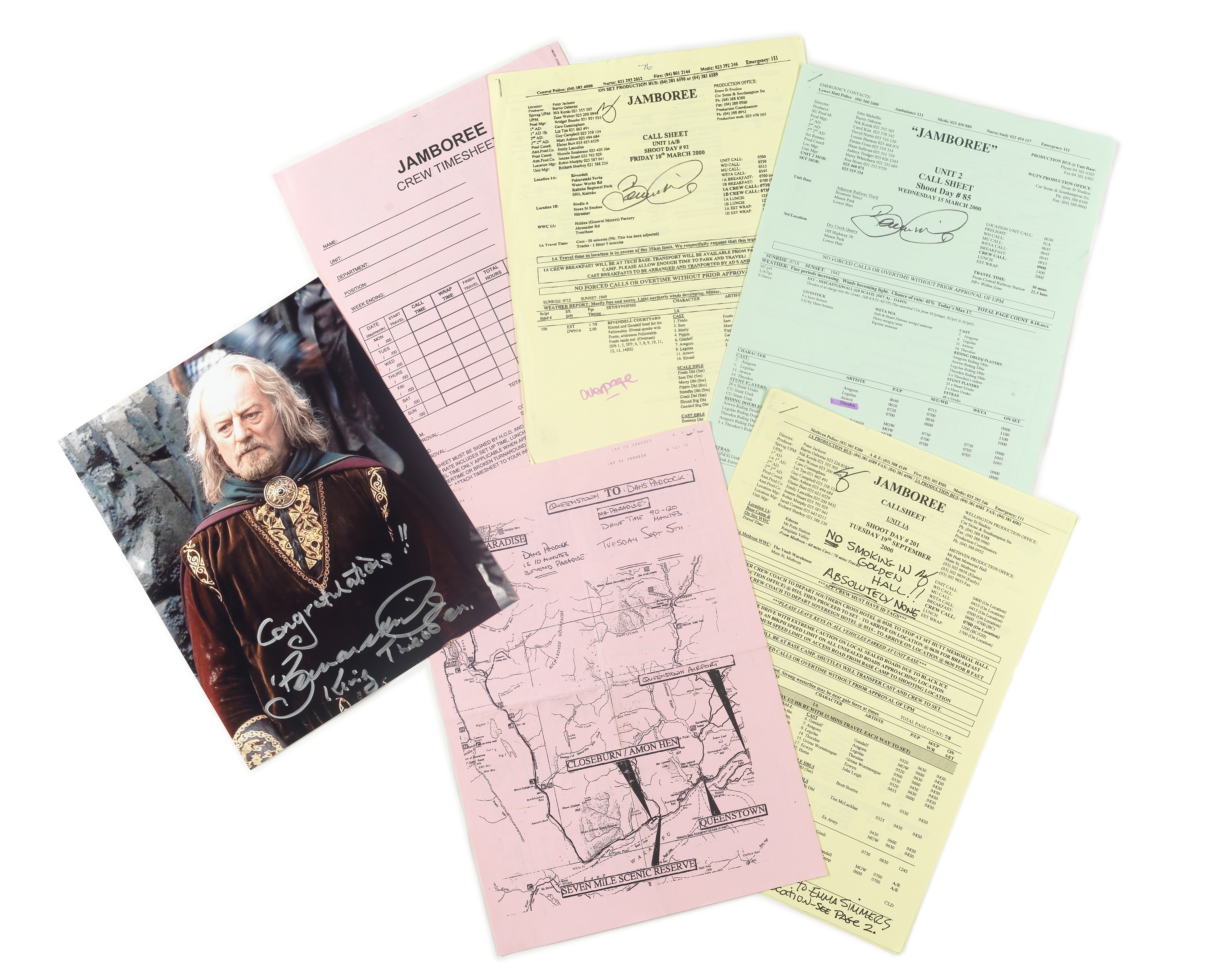 The Lord of the Rings: A large group of call sheets signed by Bernard Hill who played 'King Théod...