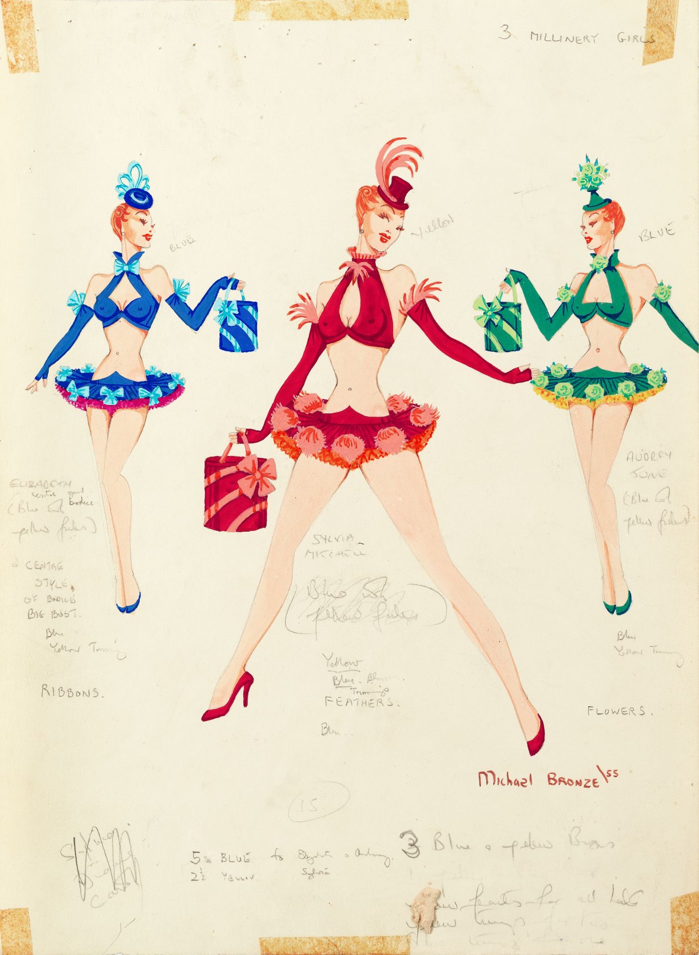 MICHAEL BRONZE (BRITISH, 1916-1979): TWO SIGNED DRAWINGS OF COSTUME DESIGNS FOR MURRAY'S CABARET ...