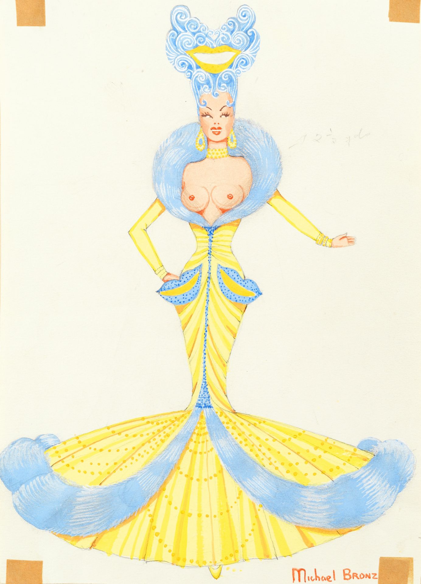 MICHAEL BRONZE (BRITISH, 1916-1979): A group of six drawings of blue and yellow costume designs f...