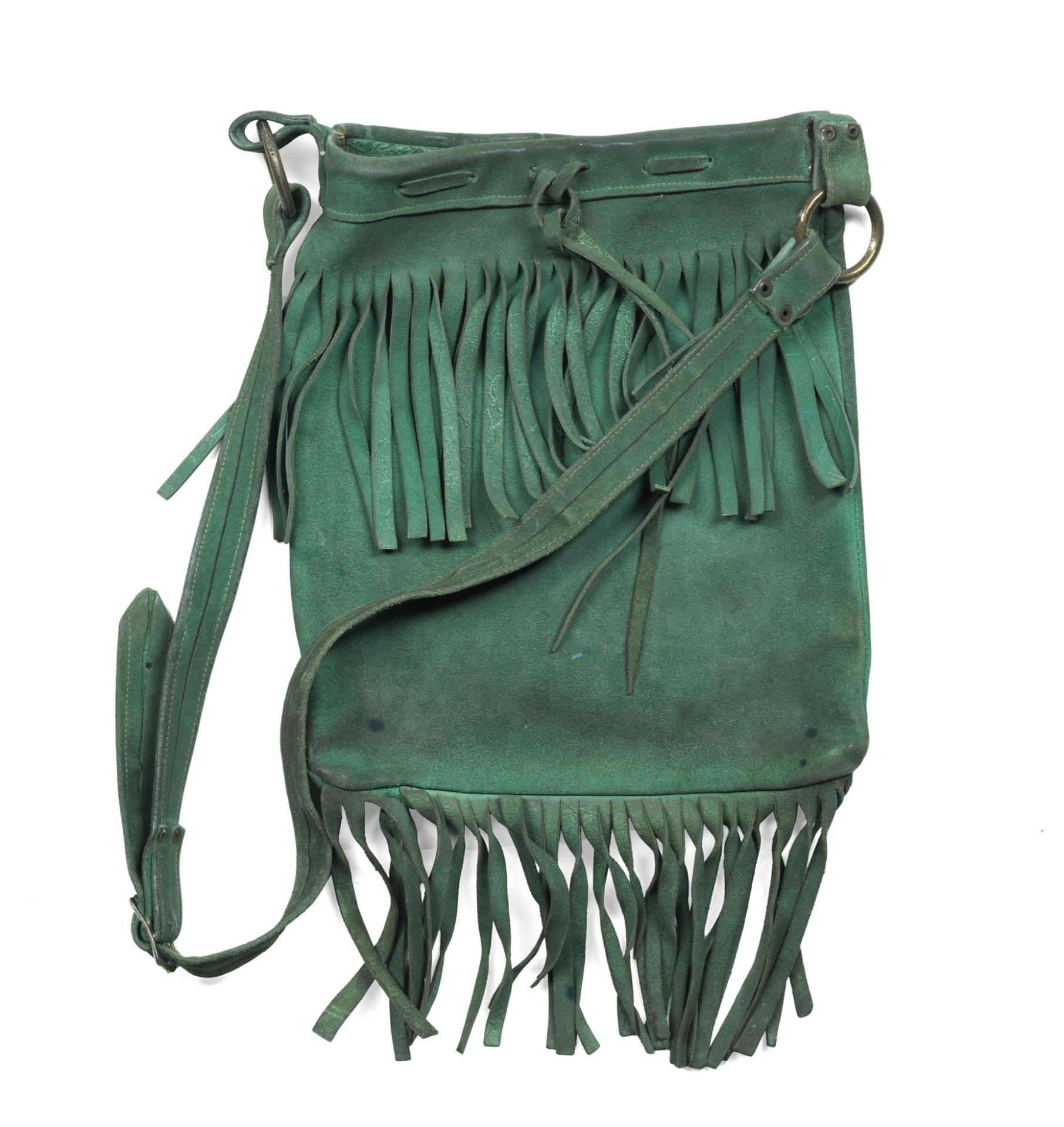 Jimi Hendrix: A fringed, green suede shoulder bag, circa 1969,