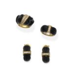 Piaget: onyx and diamond earclips and ring suite, and an onyx and diamond dress ring (3)