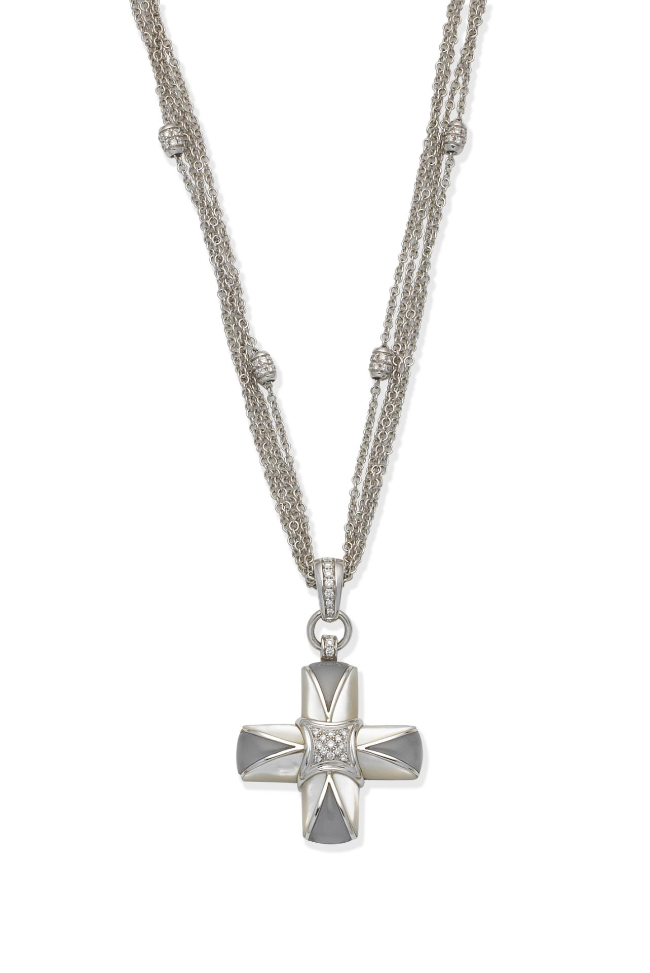 Moonstone, mother-of-pearl and diamond cross pendant necklace