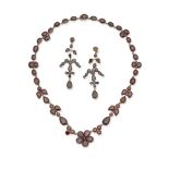 Garnet flower necklace, 19th century and pendent earclips (2)