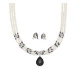 Cultured pearl, hematite, onyx and diamond necklace, and a pair of cultured pearl, hematite and d...