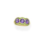 Amethyst and demantoid garnet three-stone ring