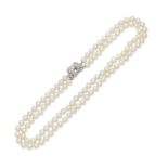 Double row pearl necklace with a diamond clasp