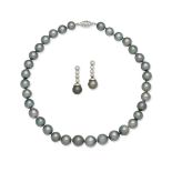 Cultured pearl and diamond earrings, and a cultured pearl necklace (2)