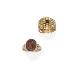 Gold and hardstone intaglio ring, circa 1790, and a gold and gem-set ring (2)