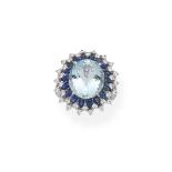 Aquamarine, sapphire and diamond cluster ring