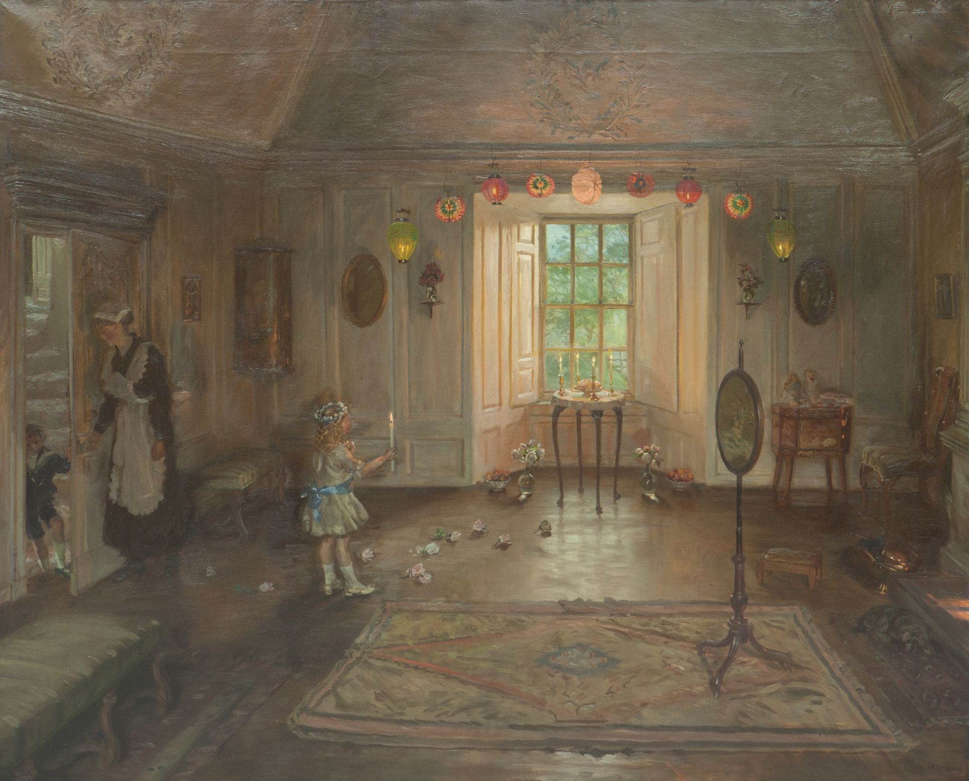 John Henry Lorimer, RSA RSW RWS RP (British, 1856-1936) The Birthday Party 118 x 143 cm. (46 7/16...