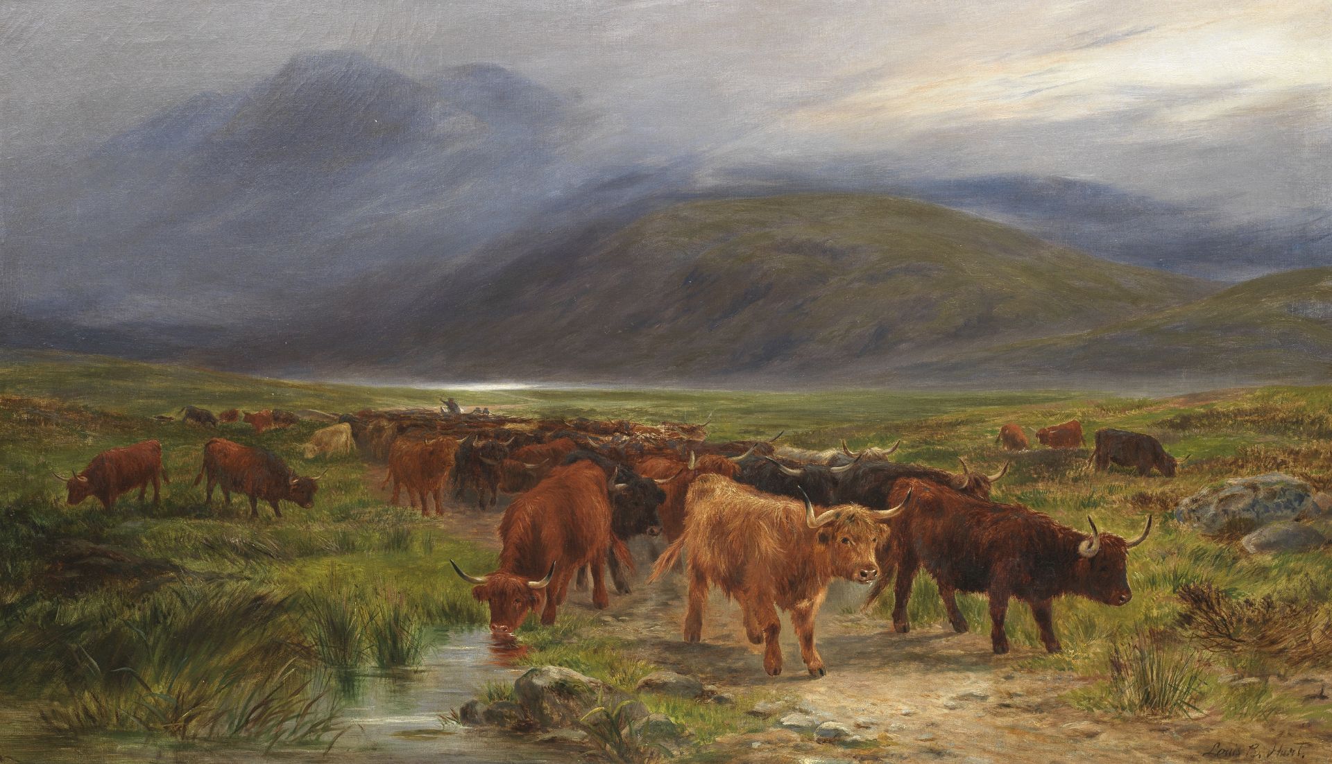 Louis Bosworth Hurt (1856-1929) Highland Cattle Watering 75 x 125.5cm (29 1/2 x 49 7/16in).