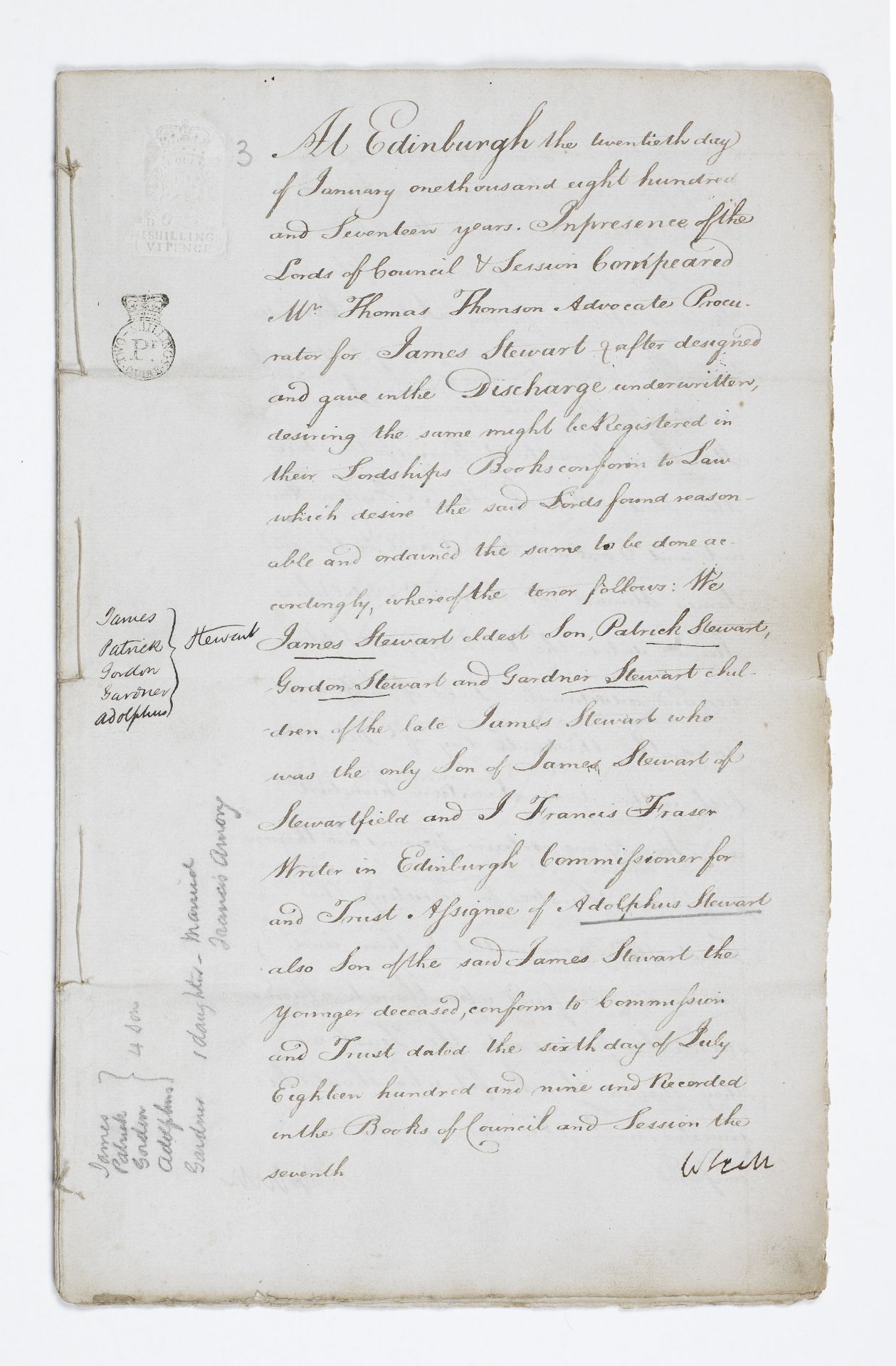 SCOTT (WALTER) Document countersigned ('W Scott'), at the foot of each page, Edinburgh, 20 Januar...