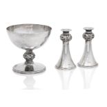 A silver bowl and matching candlesticks of Lorimer pattern by Hamilton & Inches, Edinburgh, 1995/...