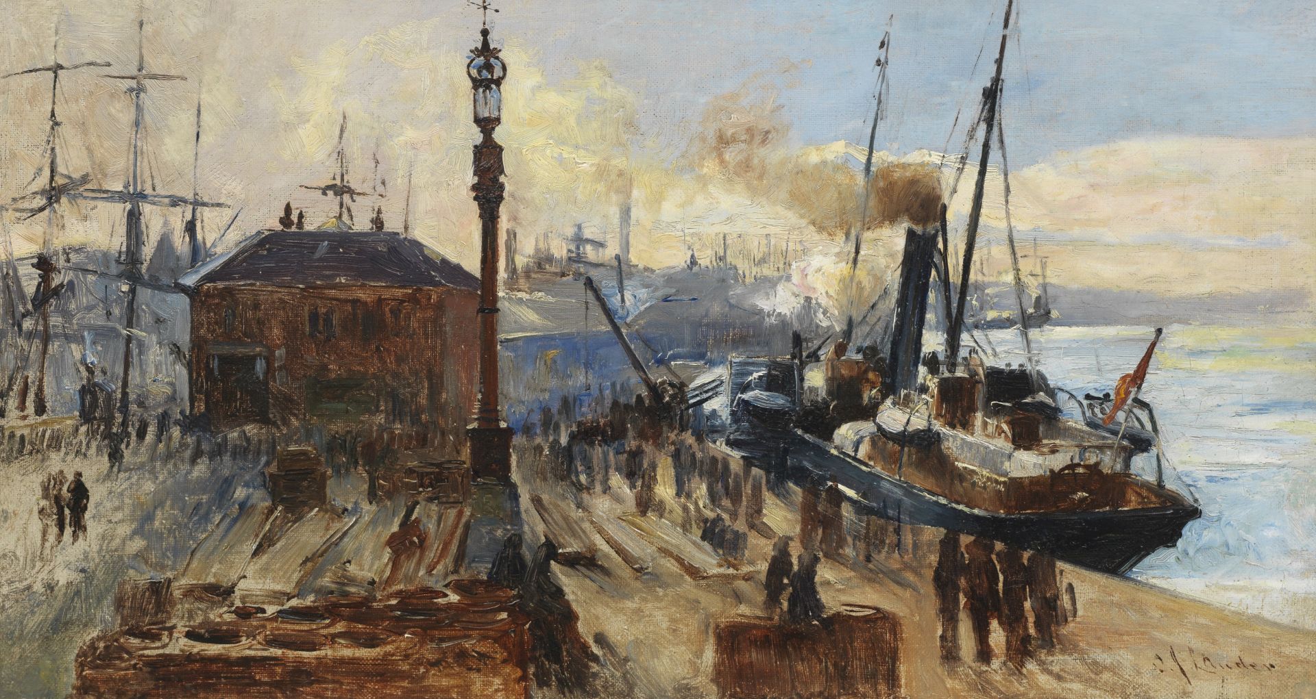 Charles James Lauder, RSW (British, 1840-1920) Busy day at the docks 24 x 44.5 cm. (9 7/16 x 17 1...