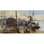 Charles James Lauder, RSW (British, 1840-1920) Busy day at the docks 24 x 44.5 cm. (9 7/16 x 17 1...