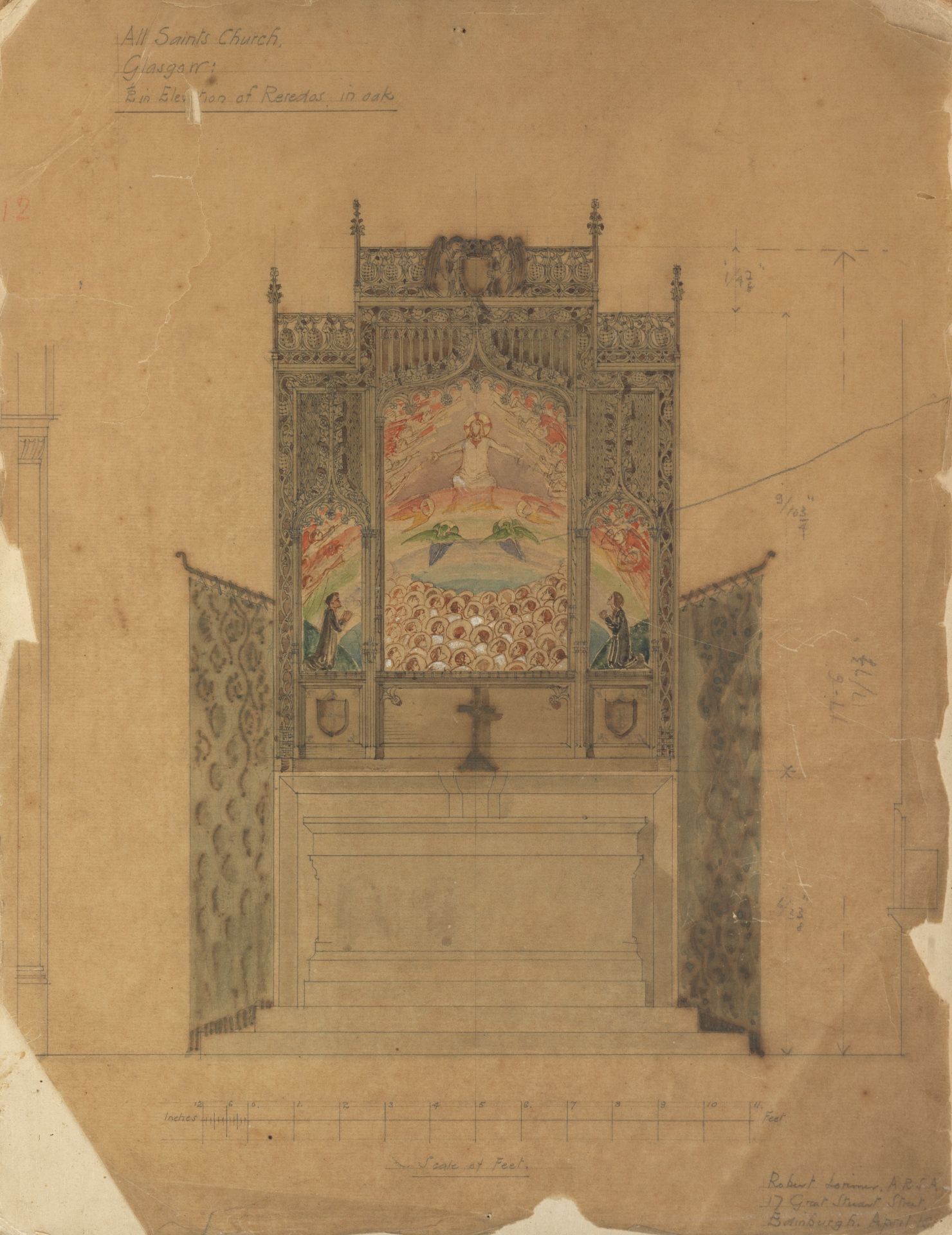 Phoebe Anna Traquair HRSA (1852-1936) Study for Elevation of raredos in oak for All Saints Church...