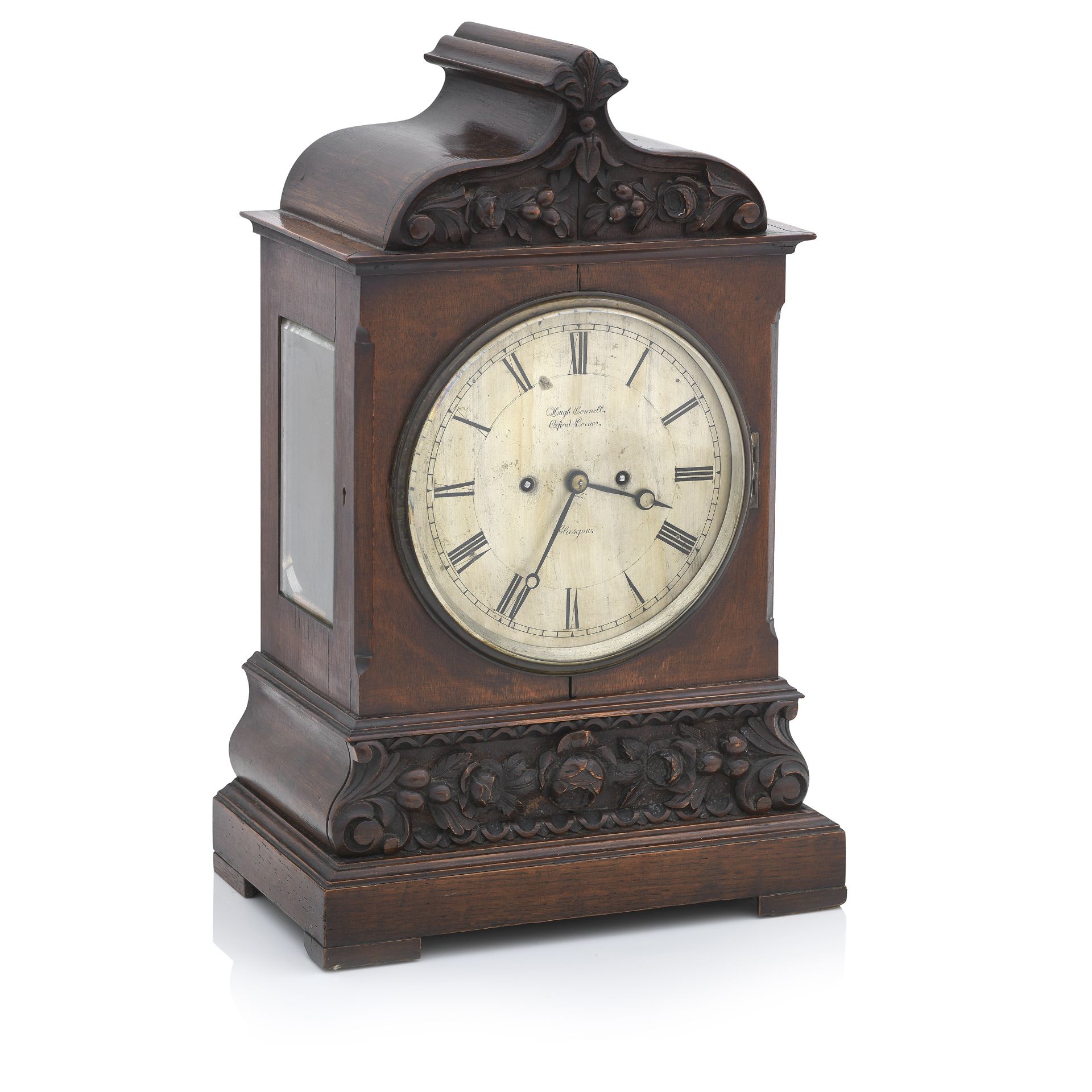 A late 19th century oak case bracket clock Inscribed Hugh Connell, Oxford Corner, Glasgow