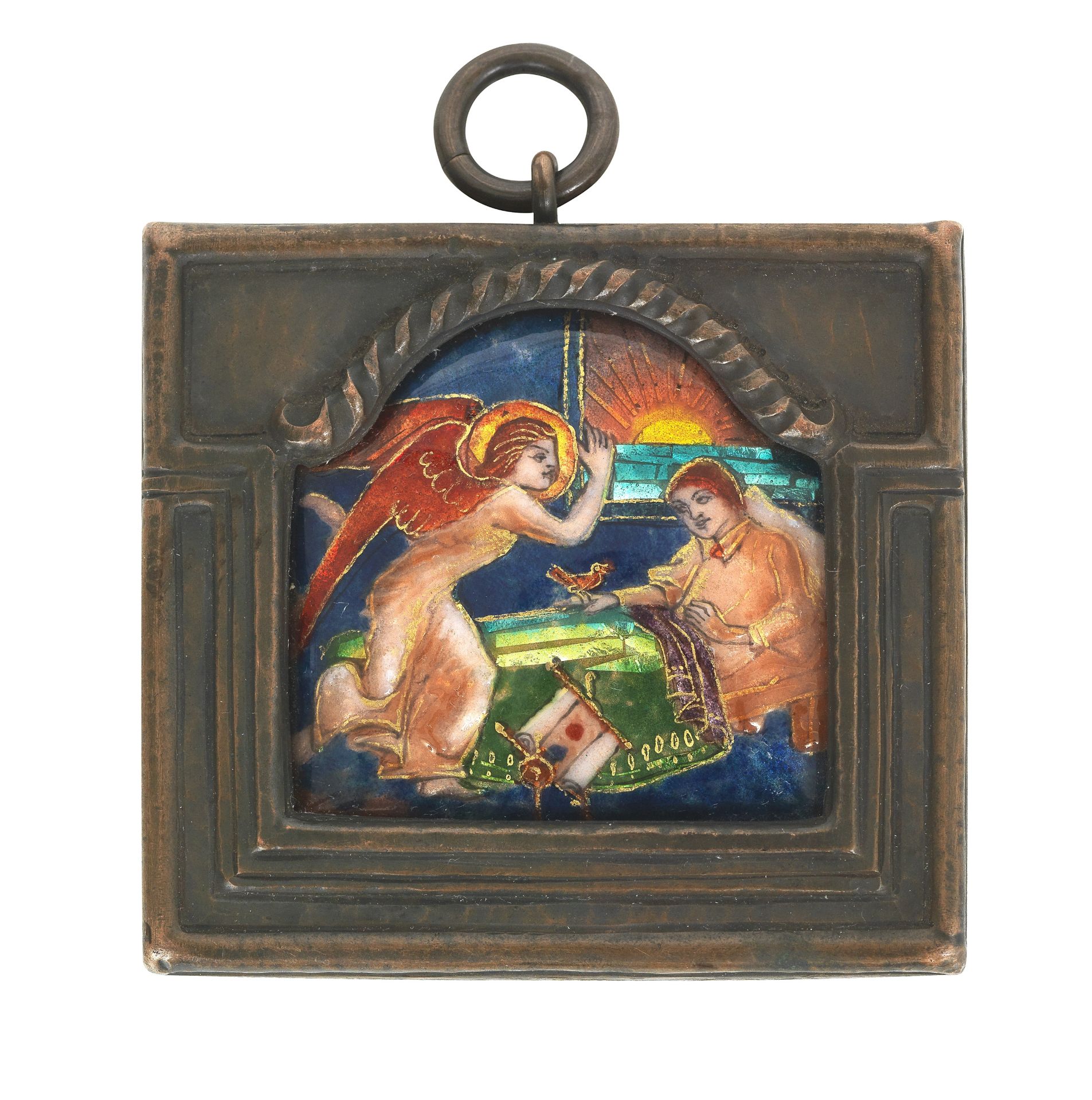 Phoebe Anna Traquair HRSA (1852-1936) 'Morning' enamel 4.5 x 4.7 cm. (1 3/4 x 1 7/8 in.), frame ...