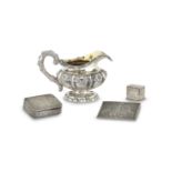 A George IV cream jug, unmarked Scottish snuffbox, Clan Campbell silver plaque, Glasgow silver ri...