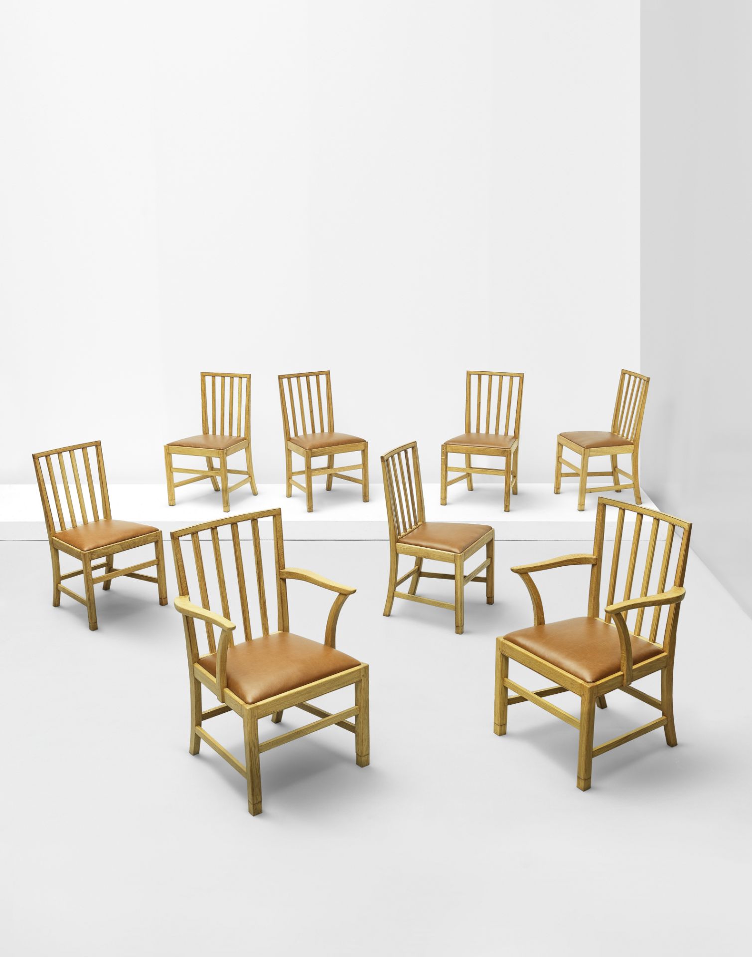 Attributed to Edward Barnsley Set of six dining chairs and two armchairs, designed for the coron...