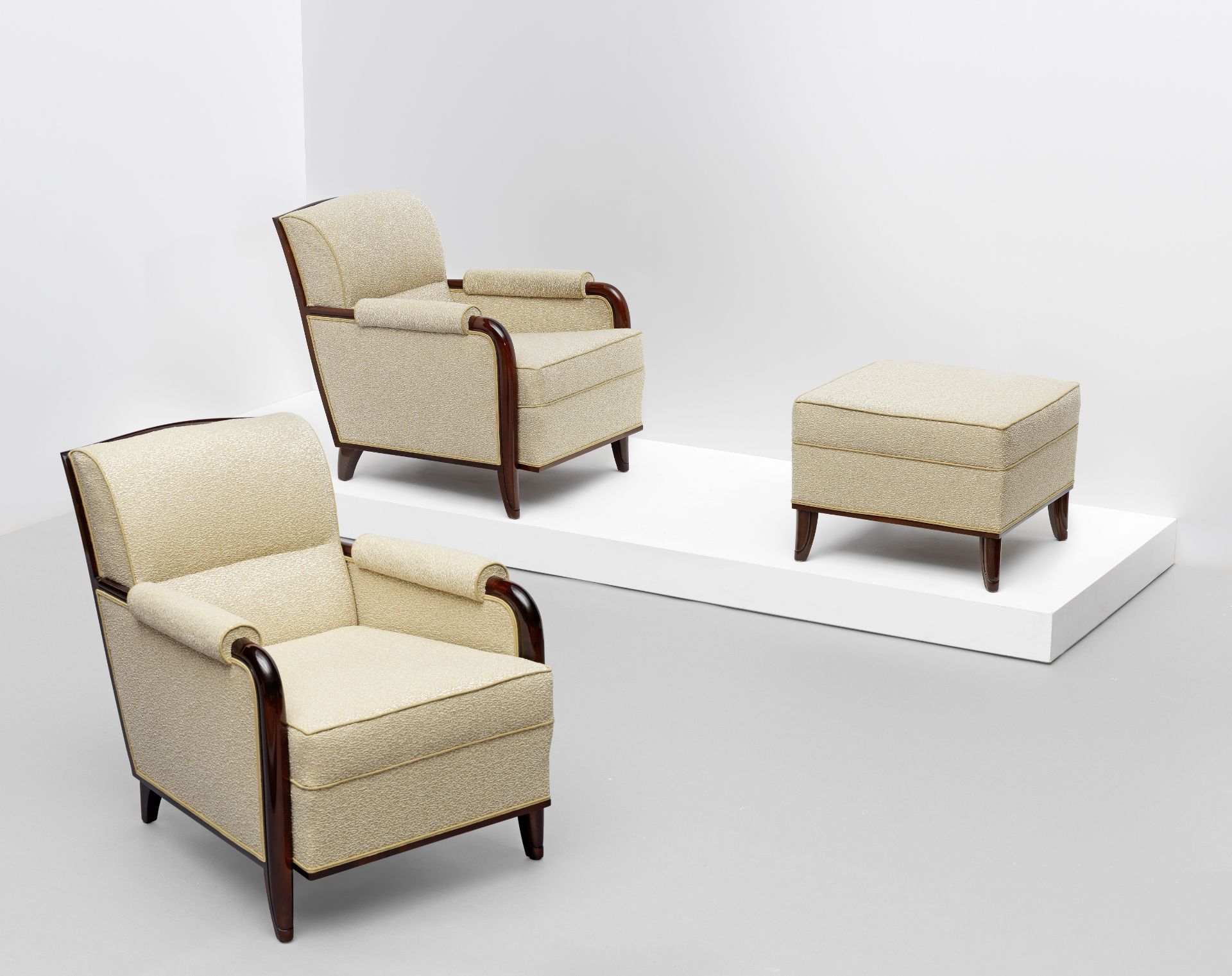 Dominique, André Domin & Marcel Genevrière Pair of armchairs and ottoman, circa 1930-1935