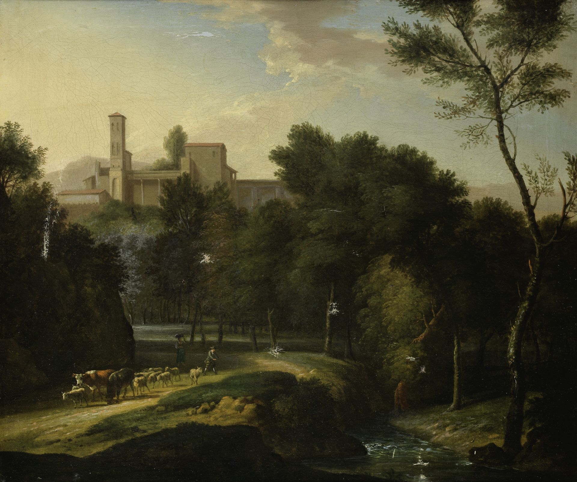 Circle of Gaspard Dughet, called Gaspard Poussin (Rome 1615-1675) A wooded Italianate landscape w...