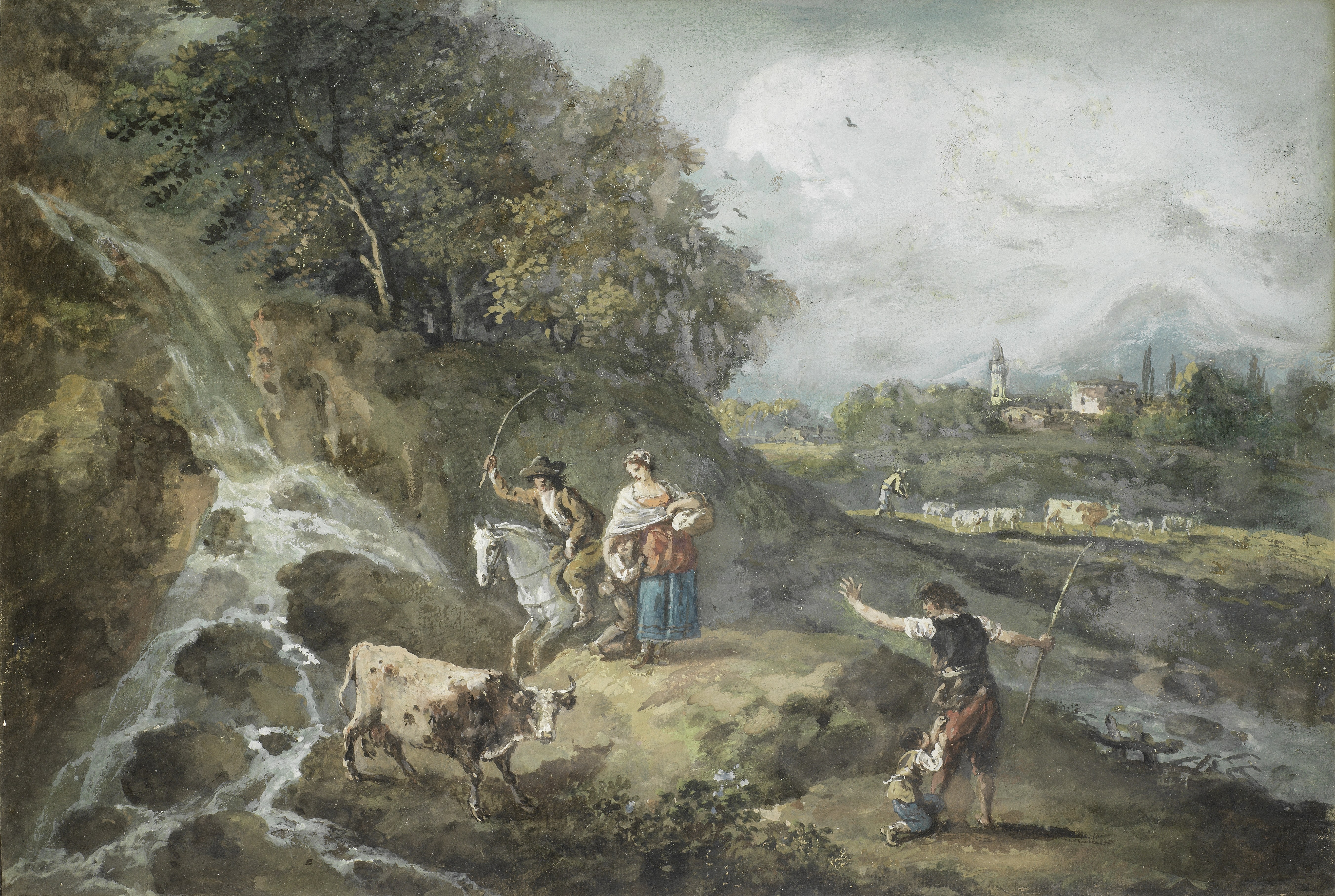 Francesco Zuccarelli (Pitigliano 1702-1788 Florence) A cowherd on horseback chasing a bull with o...