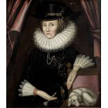 English School, circa 1623 Portrait of a lady, three-quarter-length, with her lapdog