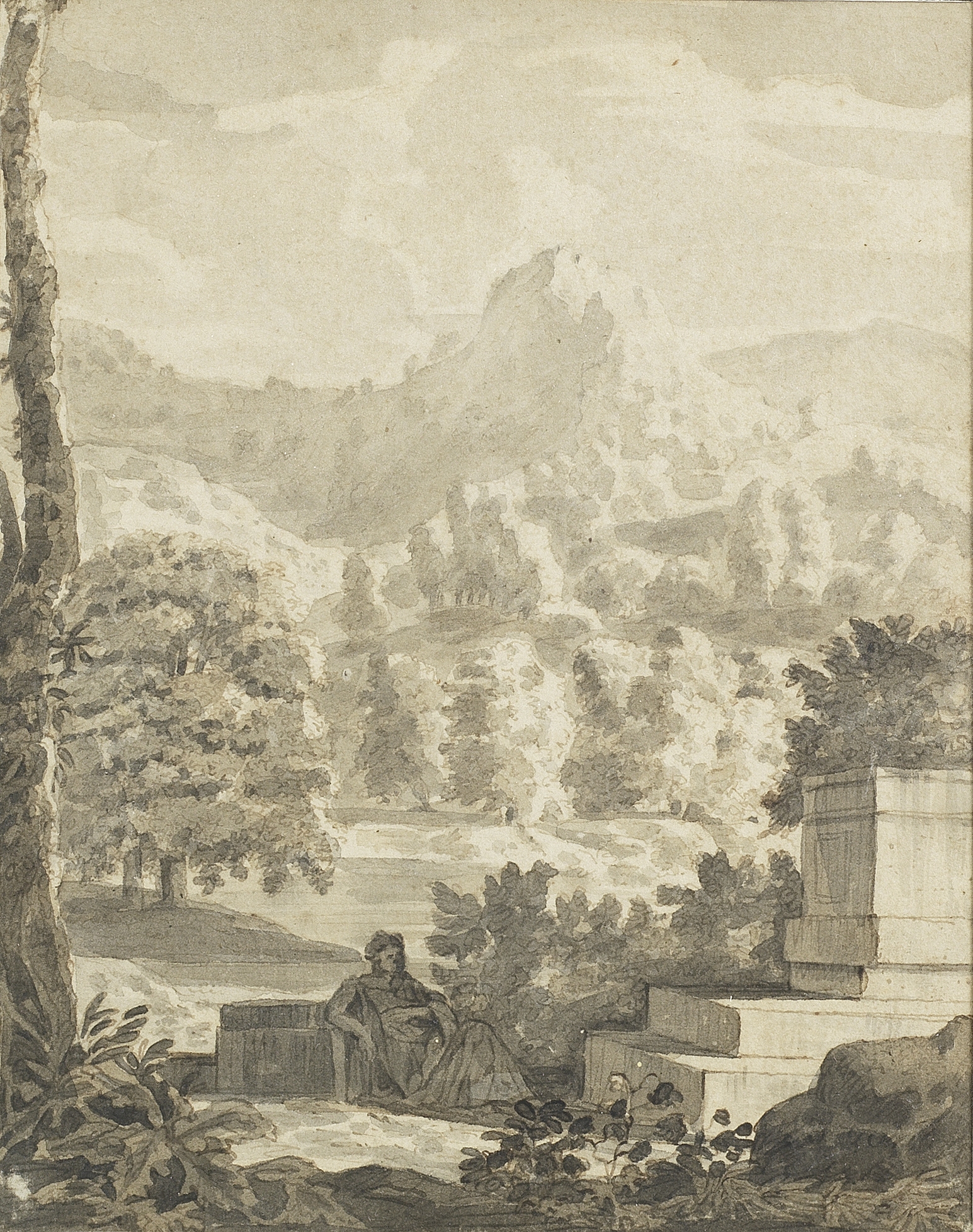 Attributed to Jan van Huysum (Amsterdam 1682-1749) A figure reclining in a mountainous landscape