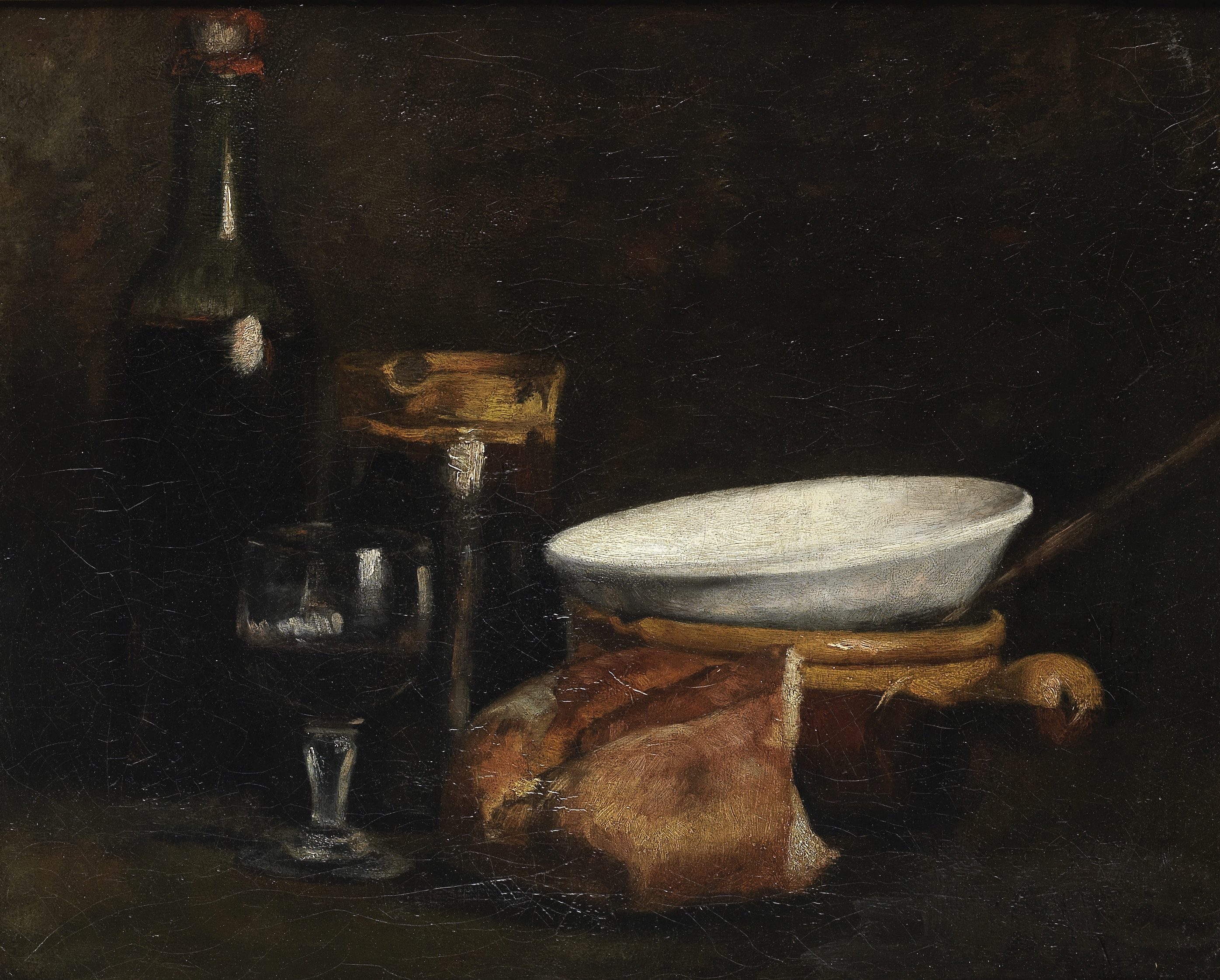 Attributed to Louise Aimée Ribot (active France, 19th Century) Still life with bread, ceramic bow...