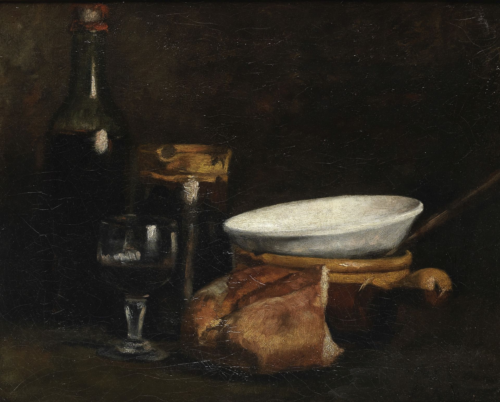 Attributed to Louise Aimée Ribot (active France, 19th Century) Still life with bread, ceramic bow...