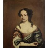English School, 17th Century Portrait of a lady, half-length, in a gold dress and a blue wrap unf...