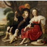 Dutch School, 17th Century Portrait of a couple with a dog in a landscape