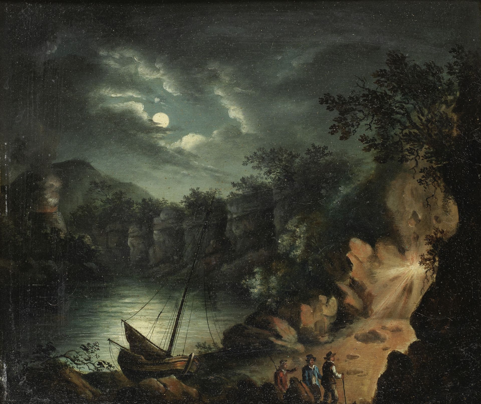 English School, 18th Century A moonlit landscape with miners before a quarry