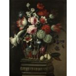 Spanish School, circa 1700 Roses, tulips, convolvulus and other flowers in a basket on a stone pl...