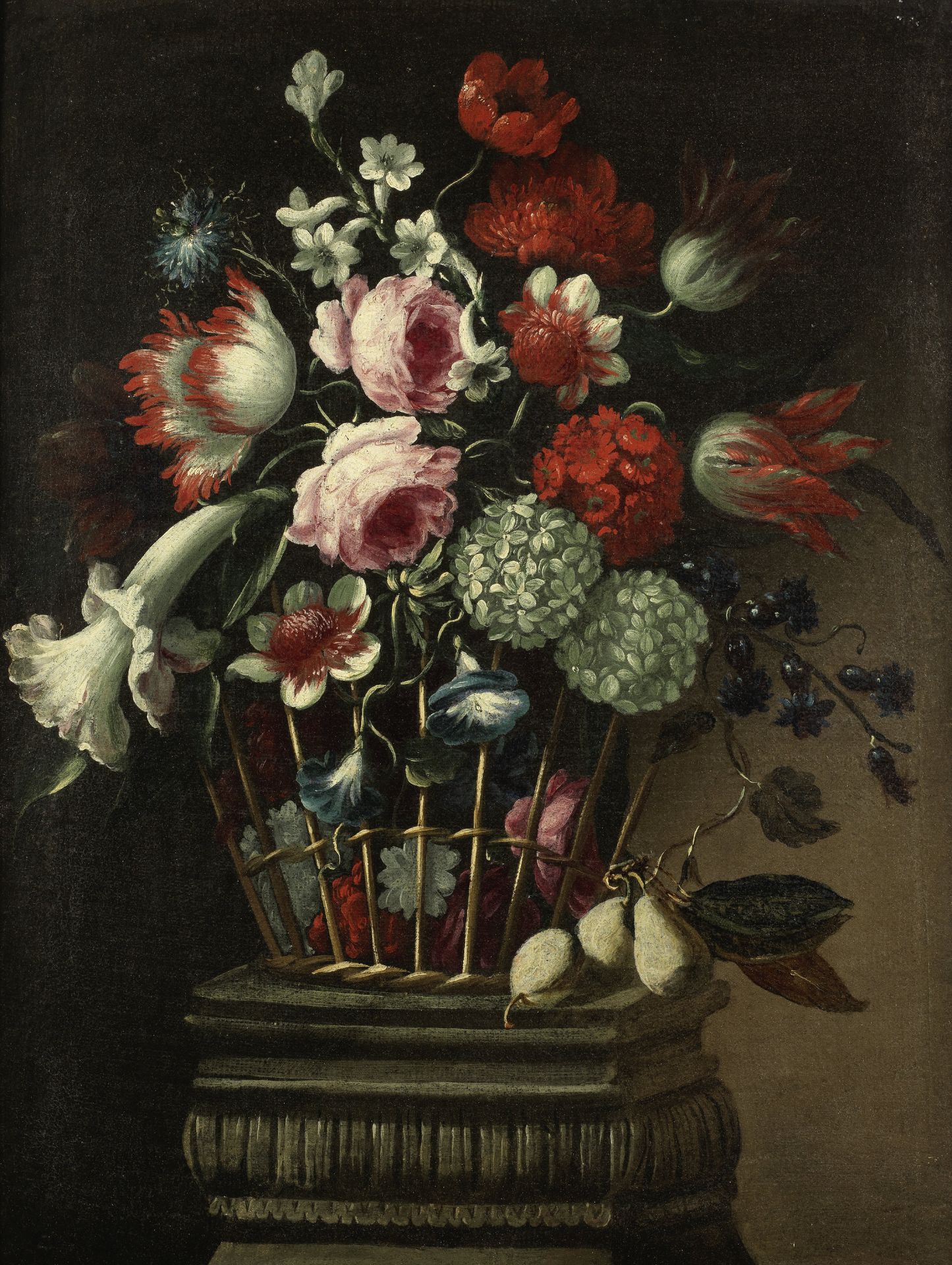 Spanish School, circa 1700 Roses, tulips, convolvulus and other flowers in a basket on a stone pl...