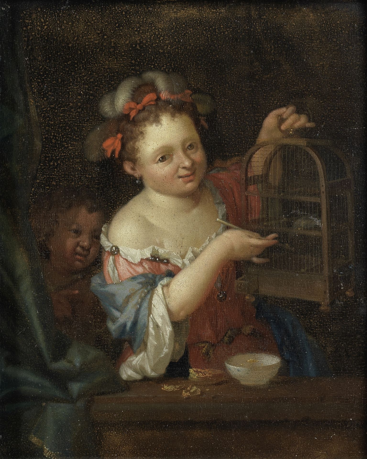 Follower of Godfried Schalcken (Dordrecht 1643-1706 The Hague) A girl holding a birdcage