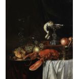 Follower of Willem Kalf (Rotterdam 1619-1693 Amsterdam) A lobster, fruit, silver goblet, a peeled...