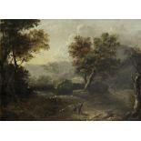 English School, 18th Century A river landscape with travellers on a wooded path
