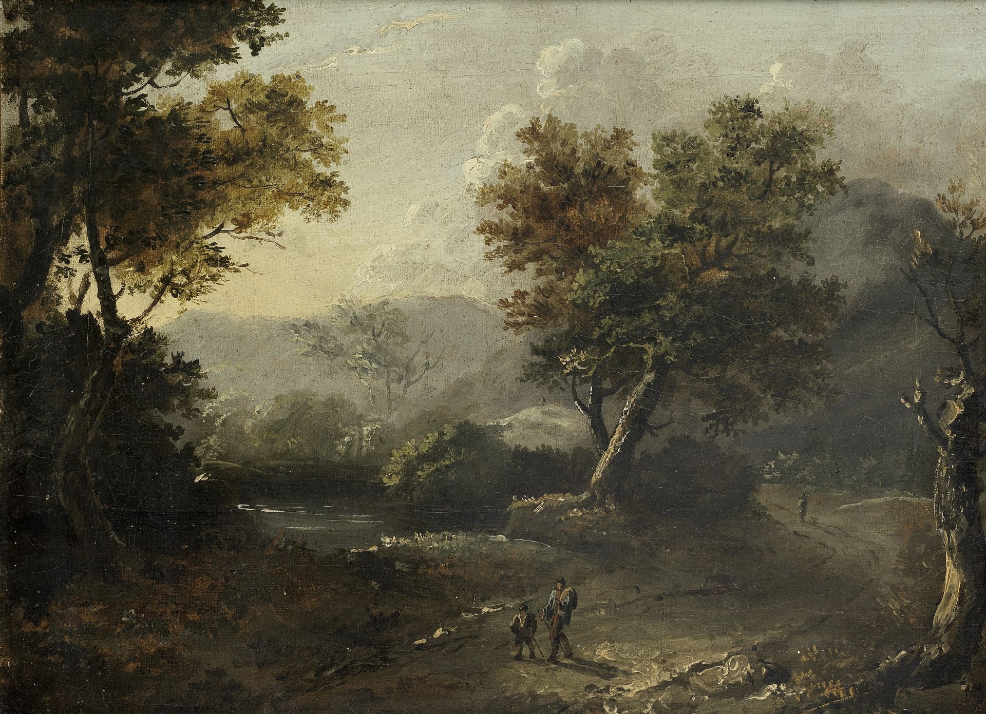 English School, 18th Century A river landscape with travellers on a wooded path