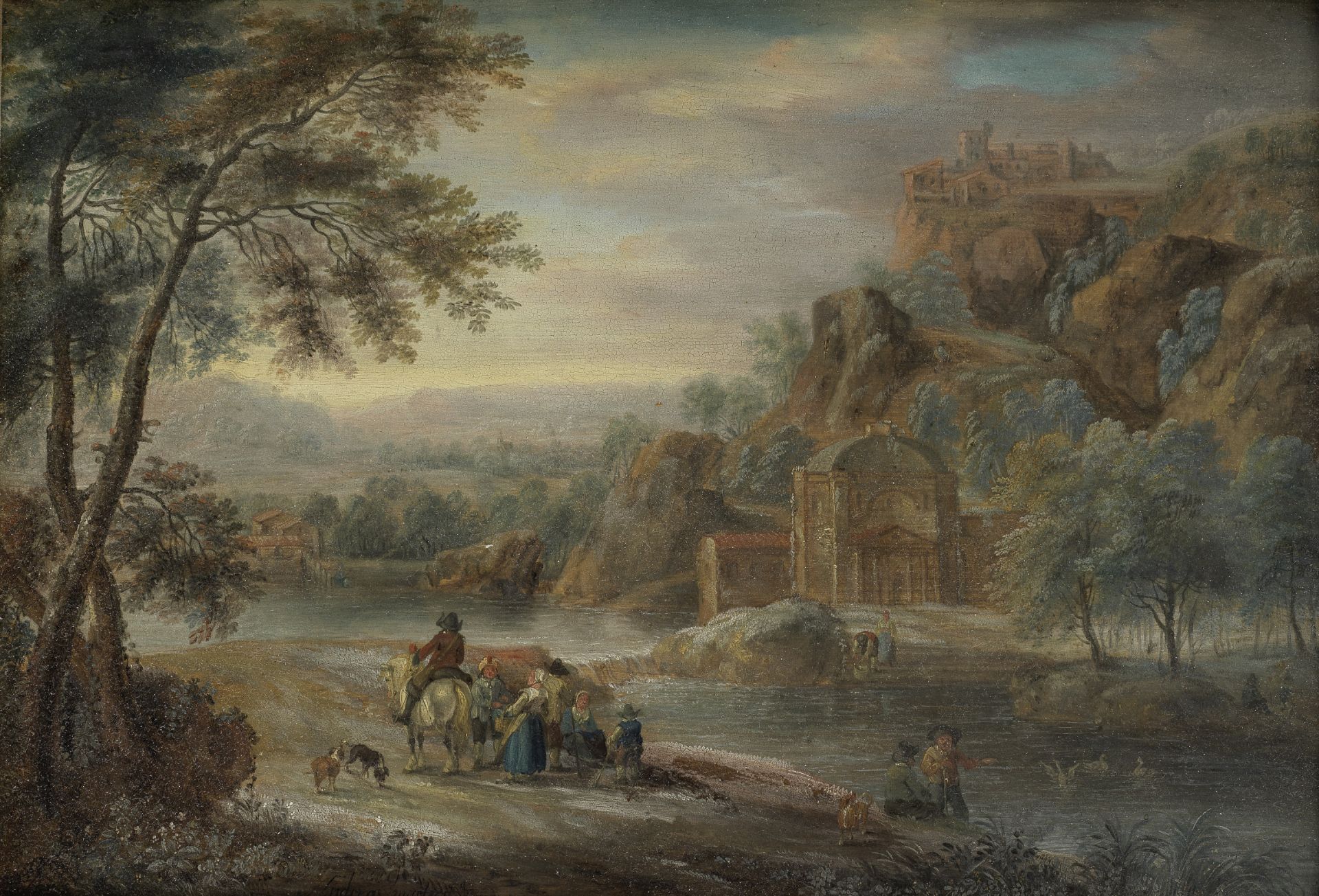 Andreas Martin (Brussels 1720-1767) A mountainous river landscape with figures on a path