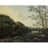 German School, 18th Century An Italianate river landscape with a figure on horseback