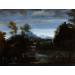 Bolognese School, 17th Century A river landscape with figures merrymaking on the banks with other...