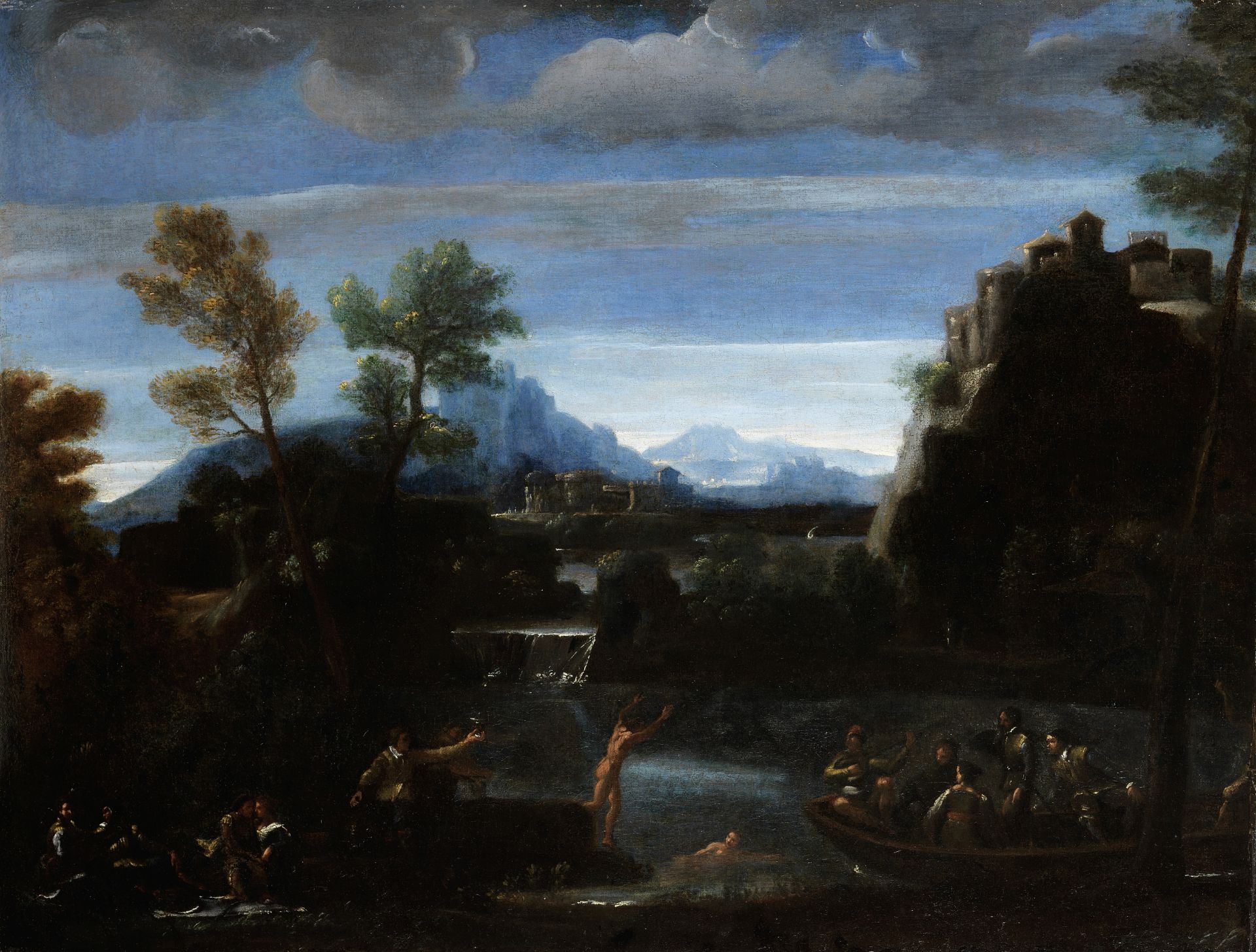 Bolognese School, 17th Century A river landscape with figures merrymaking on the banks with other...