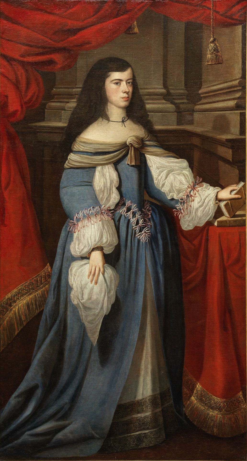 Spanish School, late 17th Century Portrait of a young lady, full-length, in a blue dress