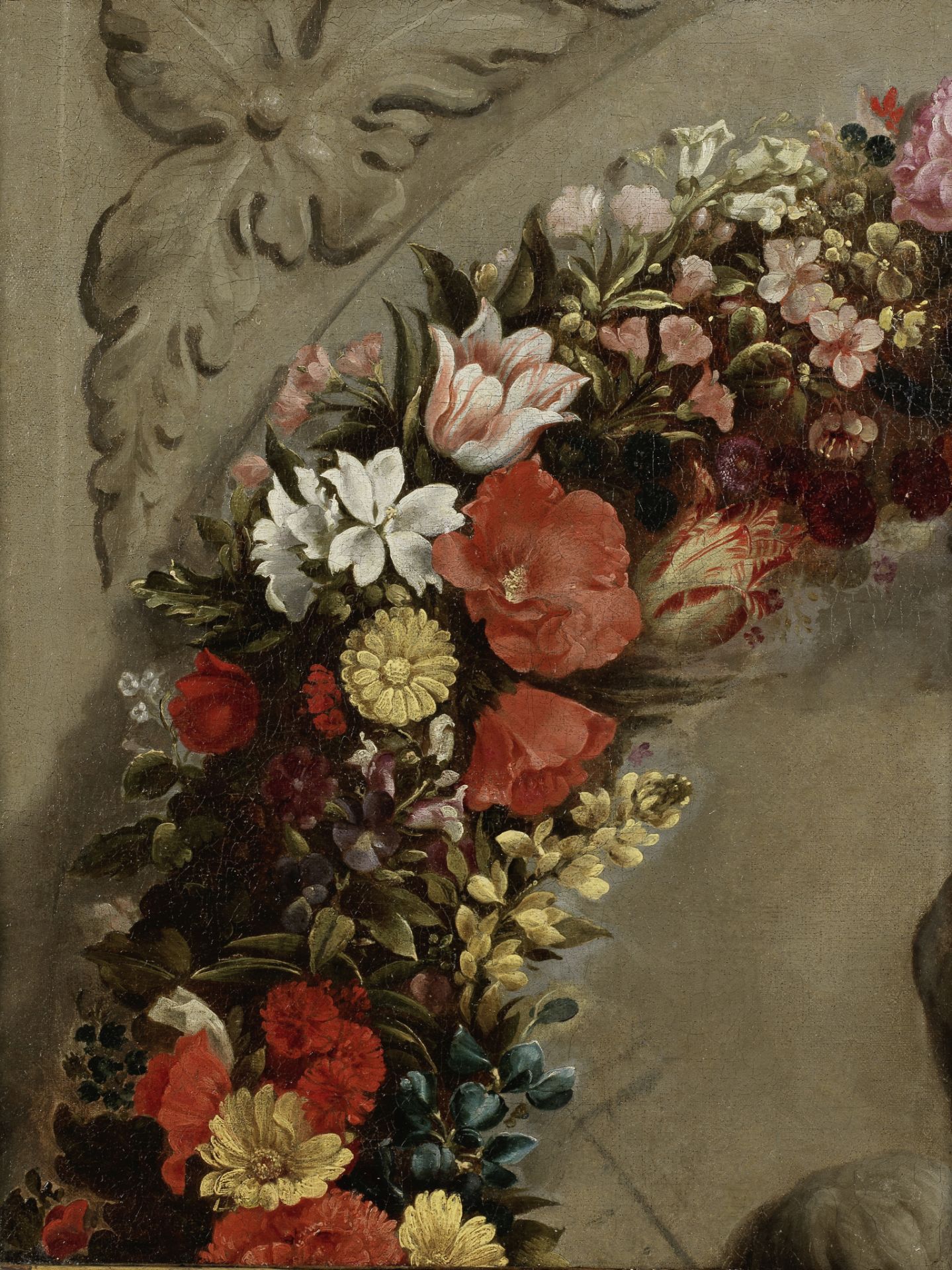 Flemish School, late 17th Century A garland of poppies, tulips and other flowers before a stone c...